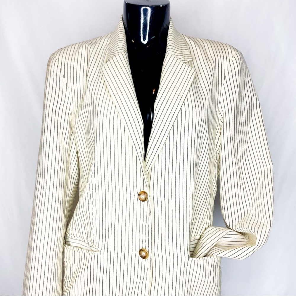United Colors of Benetton Wool Blazer 42 Cream Stripe 90s - Picture 3 of 12